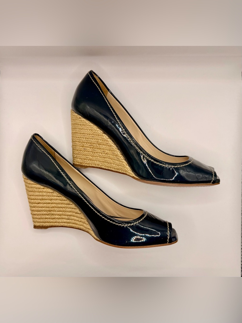 Patent Navy Peep-Toe Wedge Heels